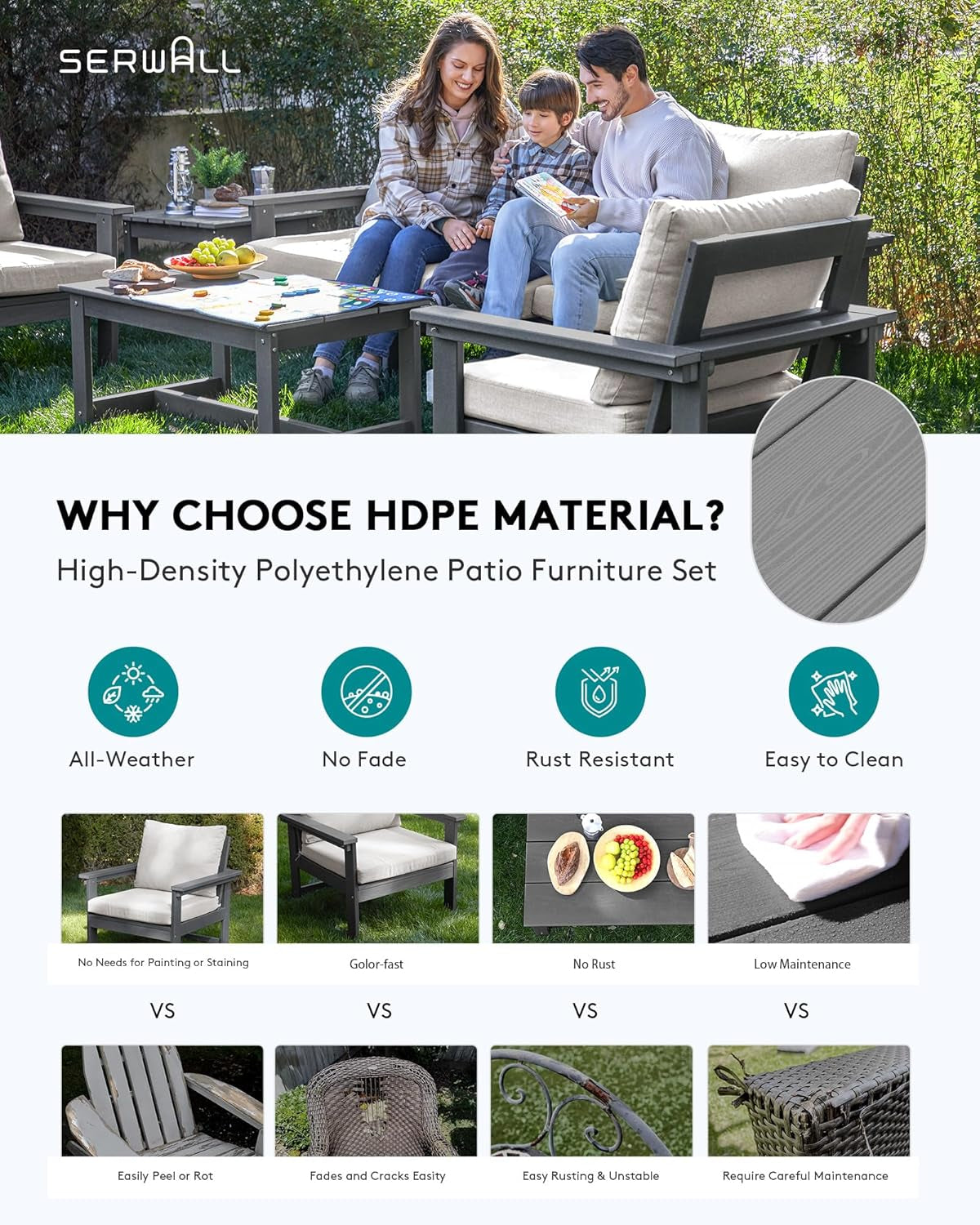 HDPE Outdoor Patio Furniture Set, 7-Piece Outdoor Sectional Patio