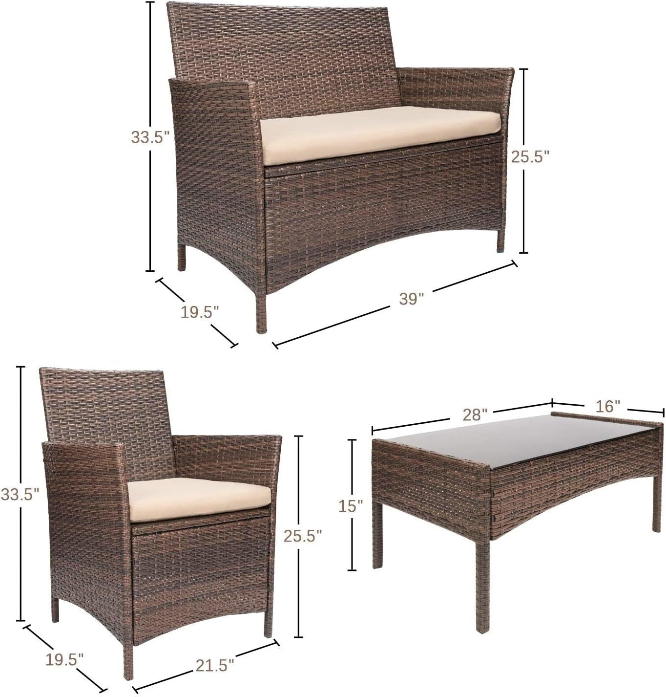 4 Pieces Outdoor Patio Furniture Set, PE Rattan Wicker Chairs Balcony