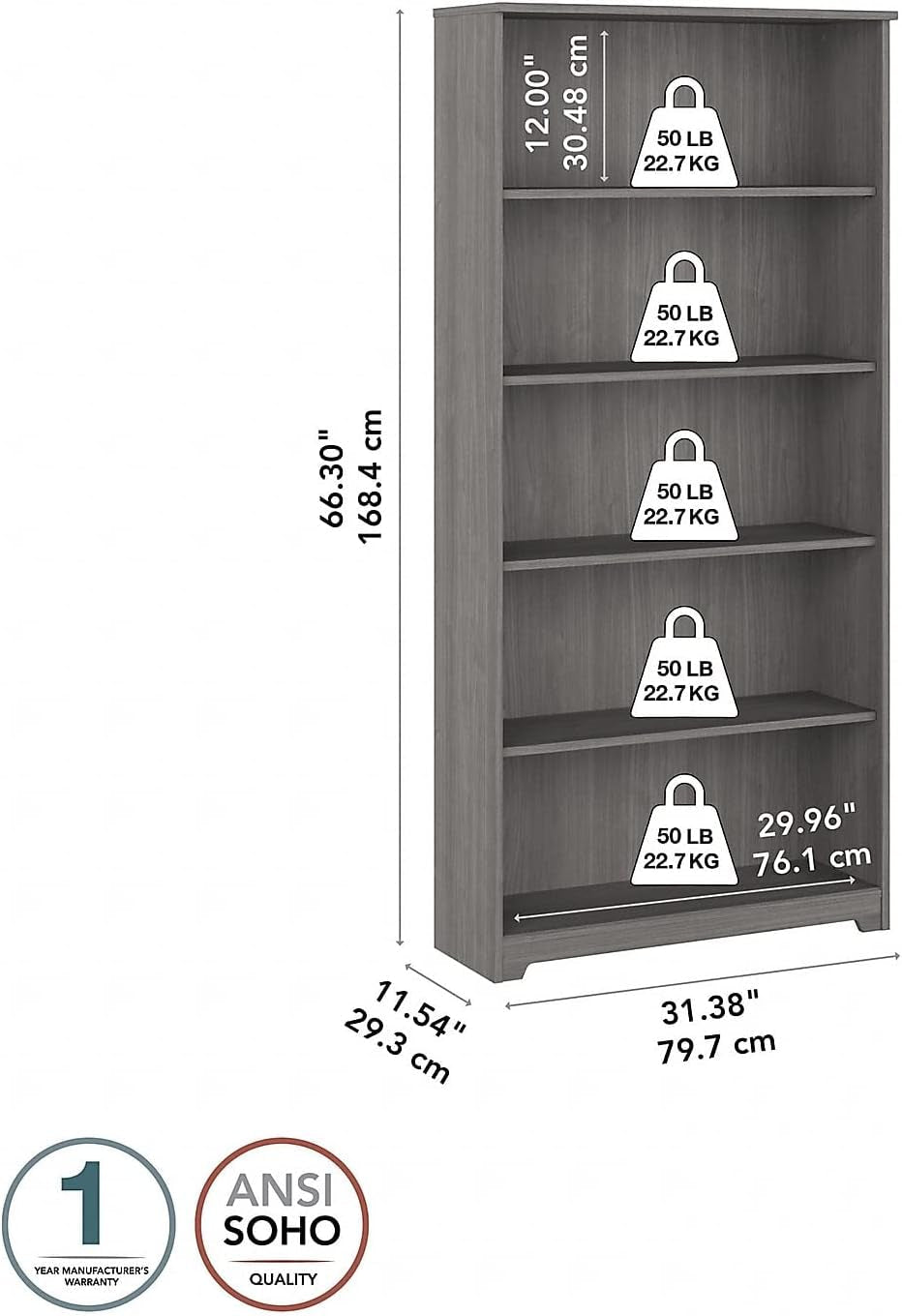 Bush Furniture Cabot Tall 5 Shelf Bookcase | Large Open Bookshelf in