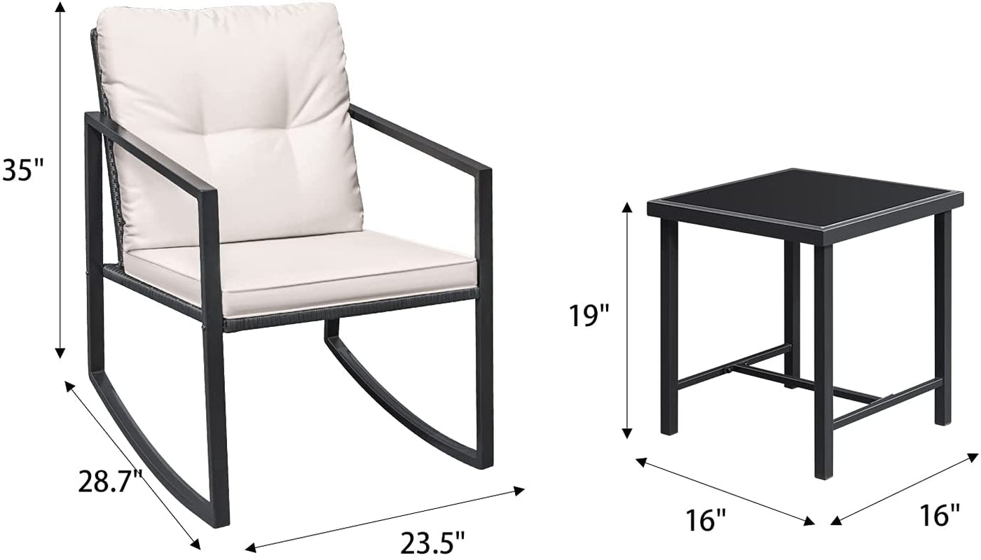 3 Pieces Rocking Wicker Bistro Set, Patio Outdoor Furniture