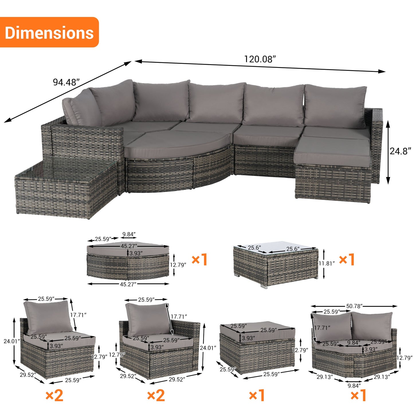 8 Piece Outdoor Patio Sofa Set, Sectional L- Shaped Patio Furniture