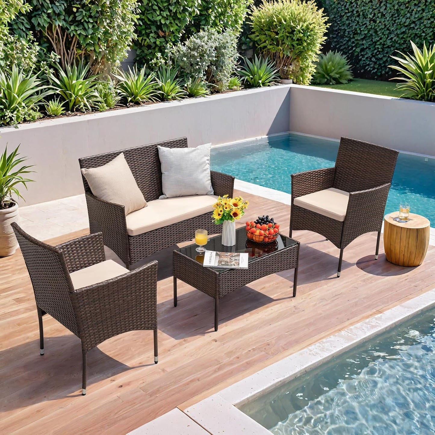 4 Pieces Outdoor Patio Furniture Sets Rattan Chair Wicker Set, Outdoor