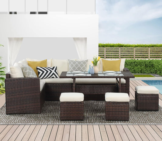 Patio Furniture Set, 7 Piece Outdoor Dining Sectional Sofa with Dining