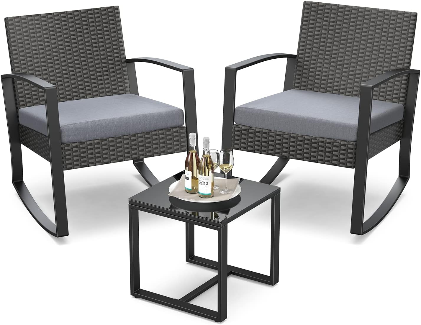 3 Pieces Patio Furniture Set Rocking Bistro Set Outdoor Rattan