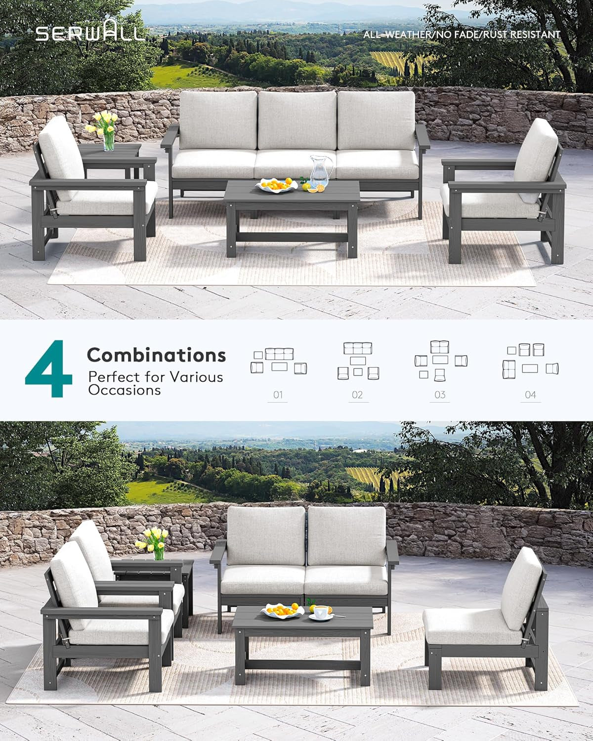 HDPE Outdoor Patio Furniture Set, 7-Piece Outdoor Sectional Patio
