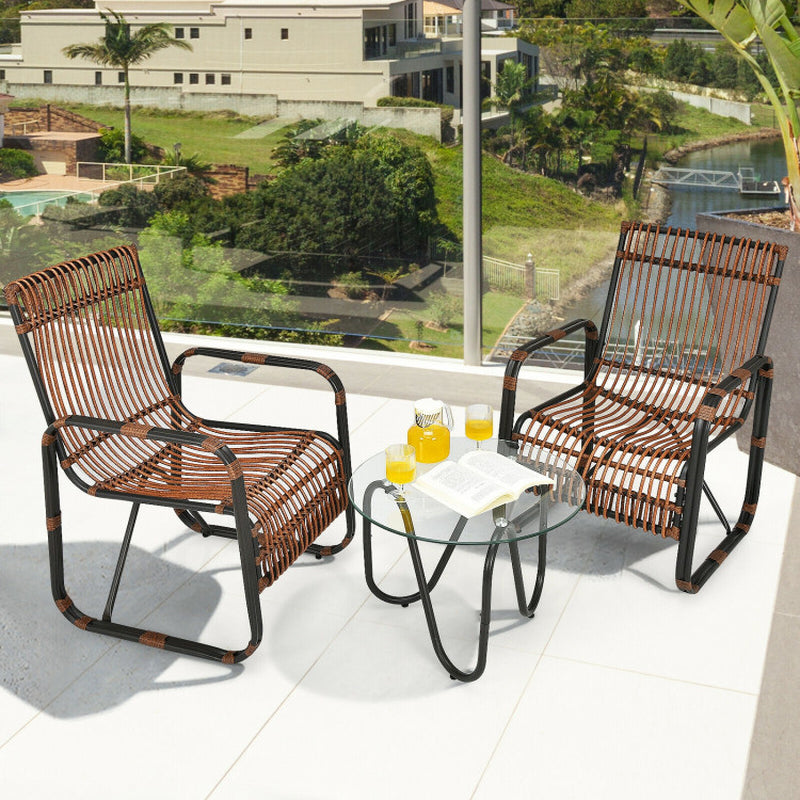 3 Pieces Patio Rattan Furniture Set with 2 Single Wicker Chairs and