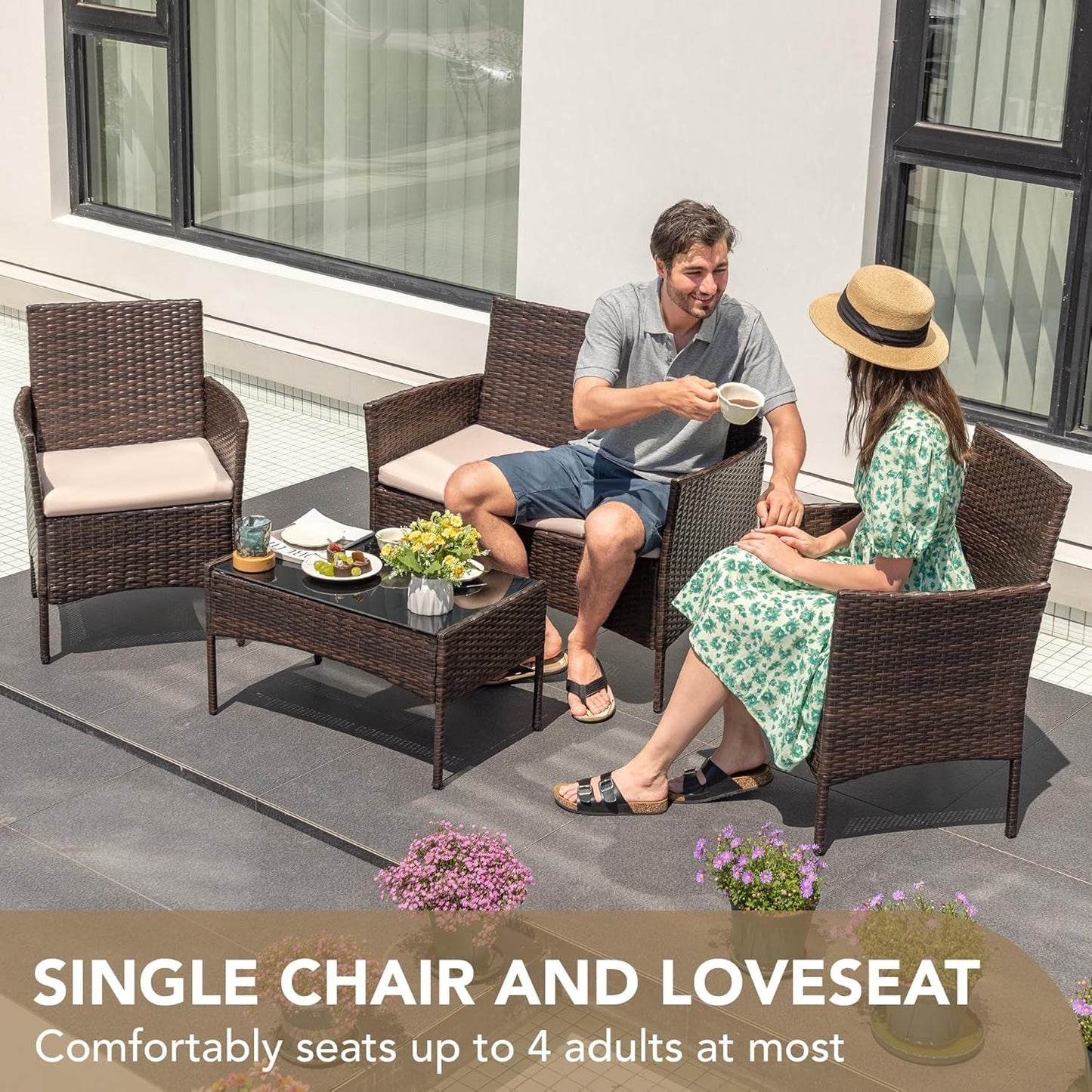 4 Pieces Outdoor Patio Furniture Set, PE Rattan Wicker Chairs Balcony