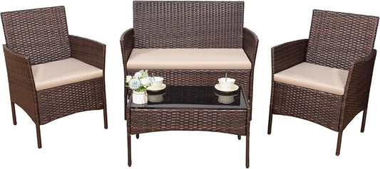 4 Pieces Outdoor Patio Furniture Set, PE Rattan Wicker Chairs Balcony