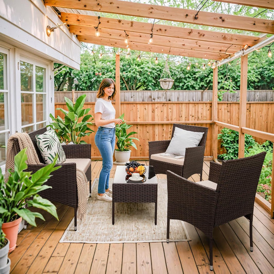 4 Pieces Outdoor Patio Furniture Sets Rattan Chair Wicker Set, Outdoor