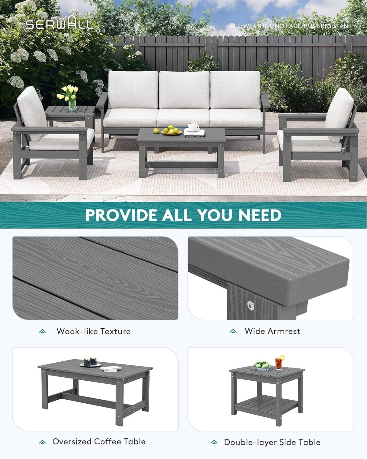 HDPE Outdoor Patio Furniture Set, 7-Piece Outdoor Sectional Patio