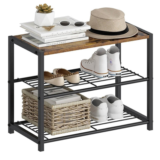 2-Shelf Entryway Shoe Rack Bench with Black Metal Frame and Brown Wood