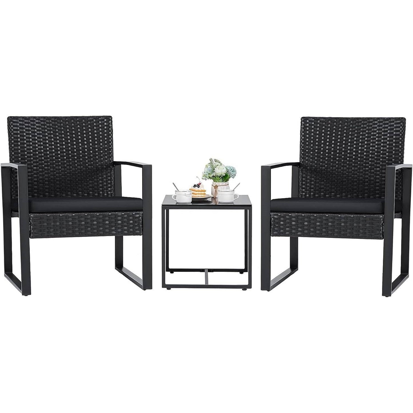 Outdoor 3-Piece Patio Furniture Set with 2 Black Patio Chairs and 1