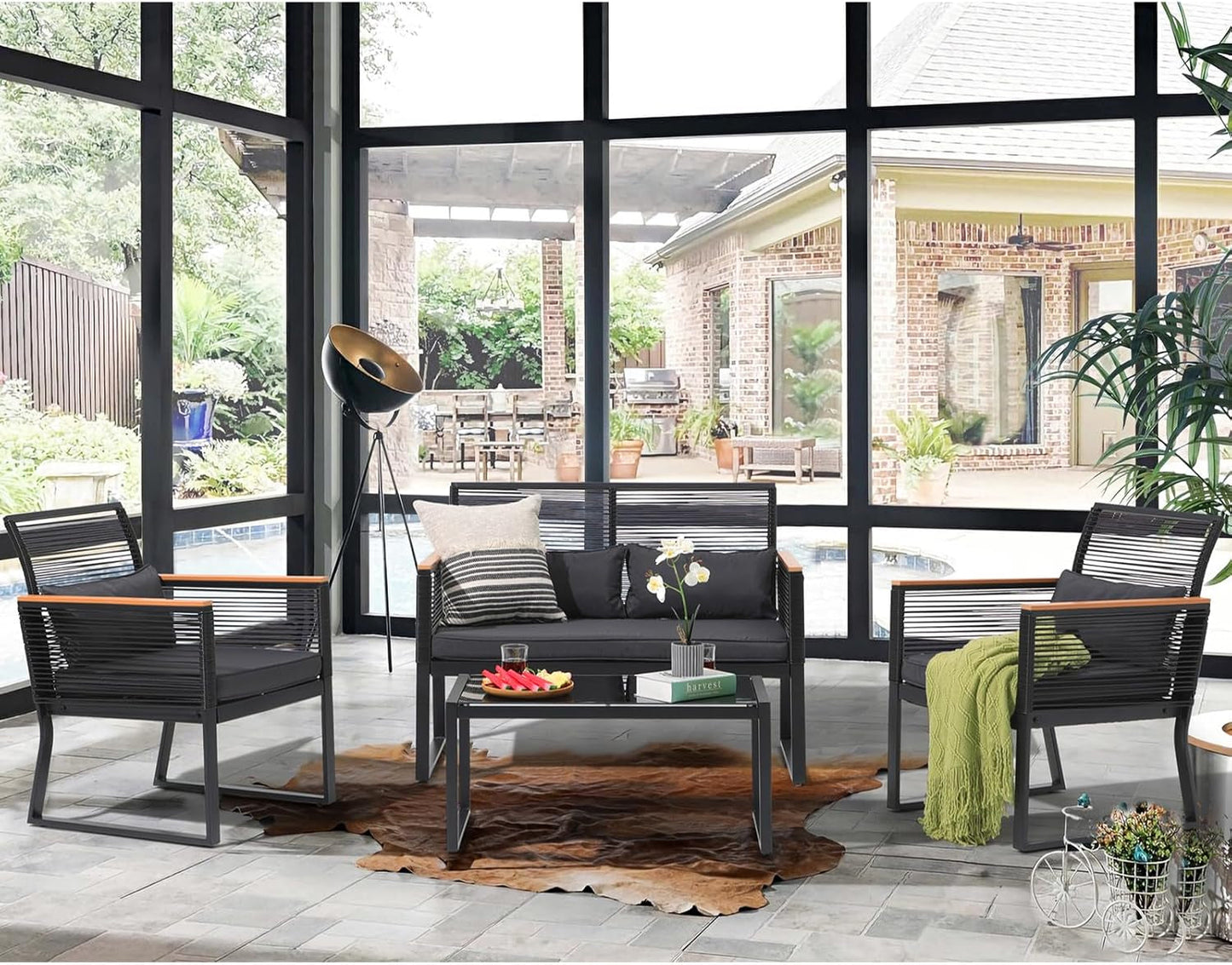 4 Piece Patio Furniture Set, Outdoor Wicker Bistro Set, All-Weather