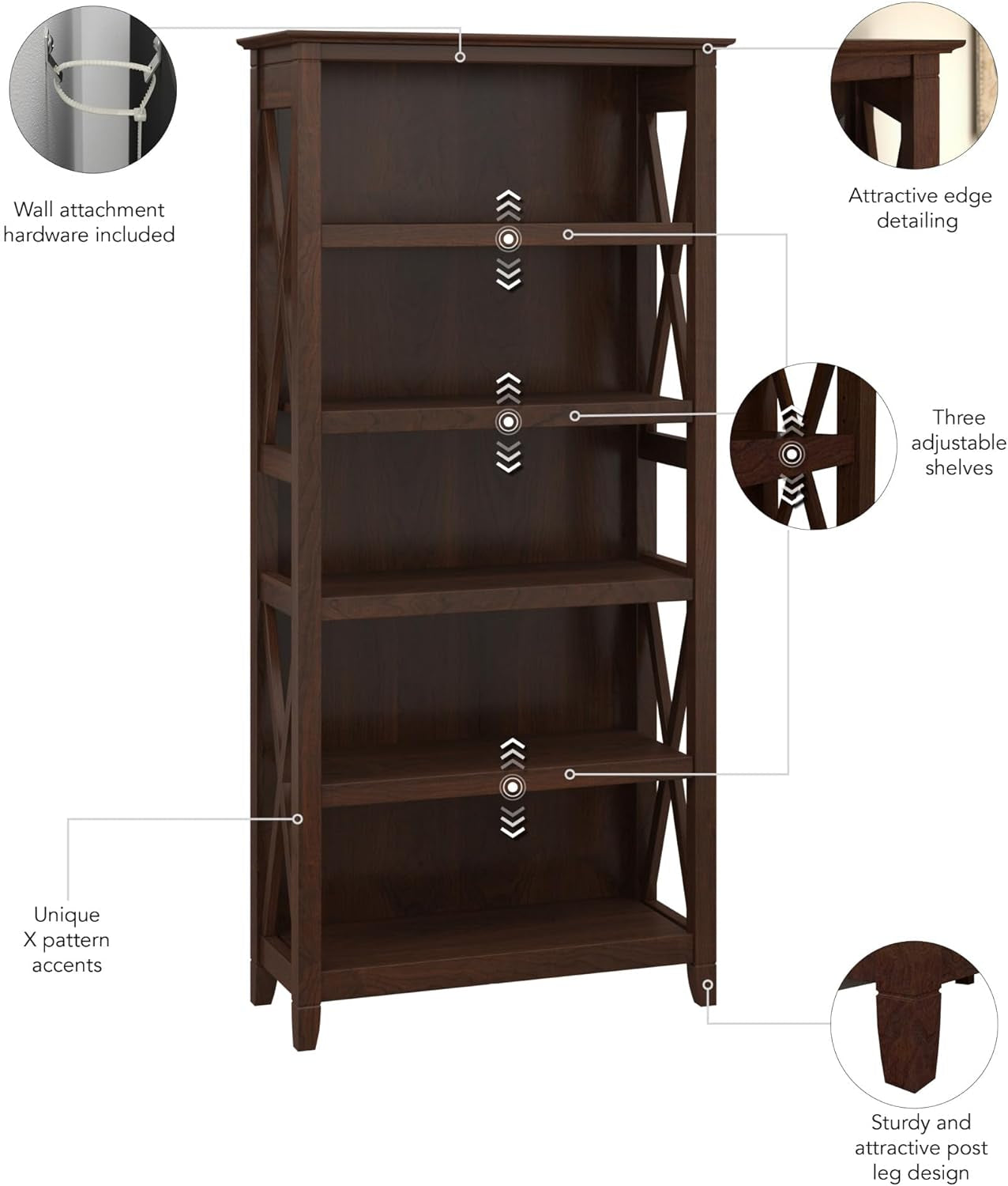 Bush Furniture Tall 5 Shelf Bookcase for Living Room or Home Office,
