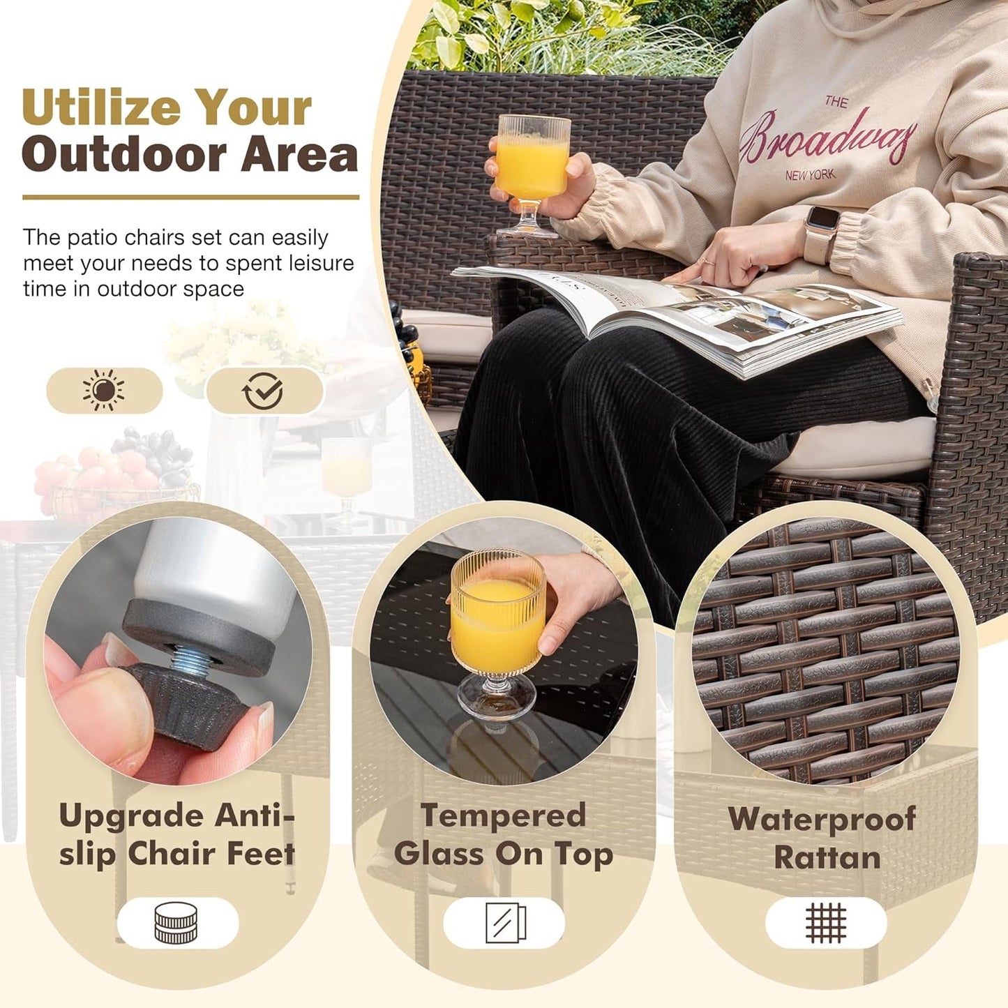 4 Pieces Outdoor Patio Furniture Sets Rattan Chair Wicker Set, Outdoor